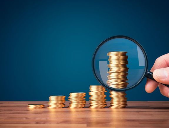 Stacks of coins observed through magnifying glass